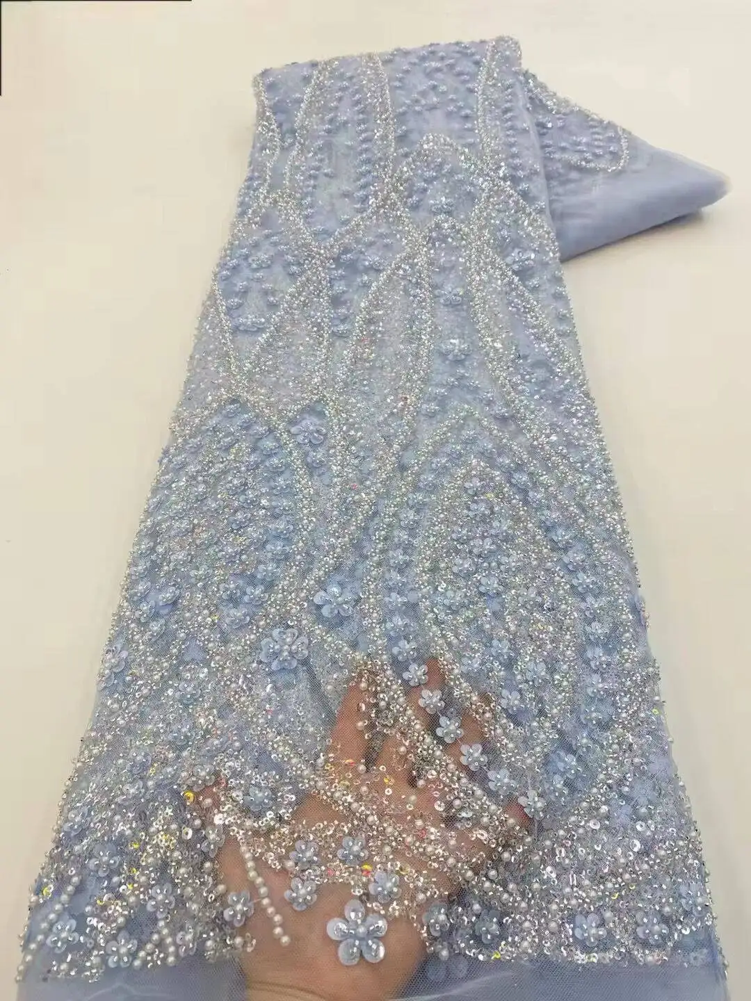Sky Blue African Beaded Tulle  - Wedding Dress Supply 评论和价格