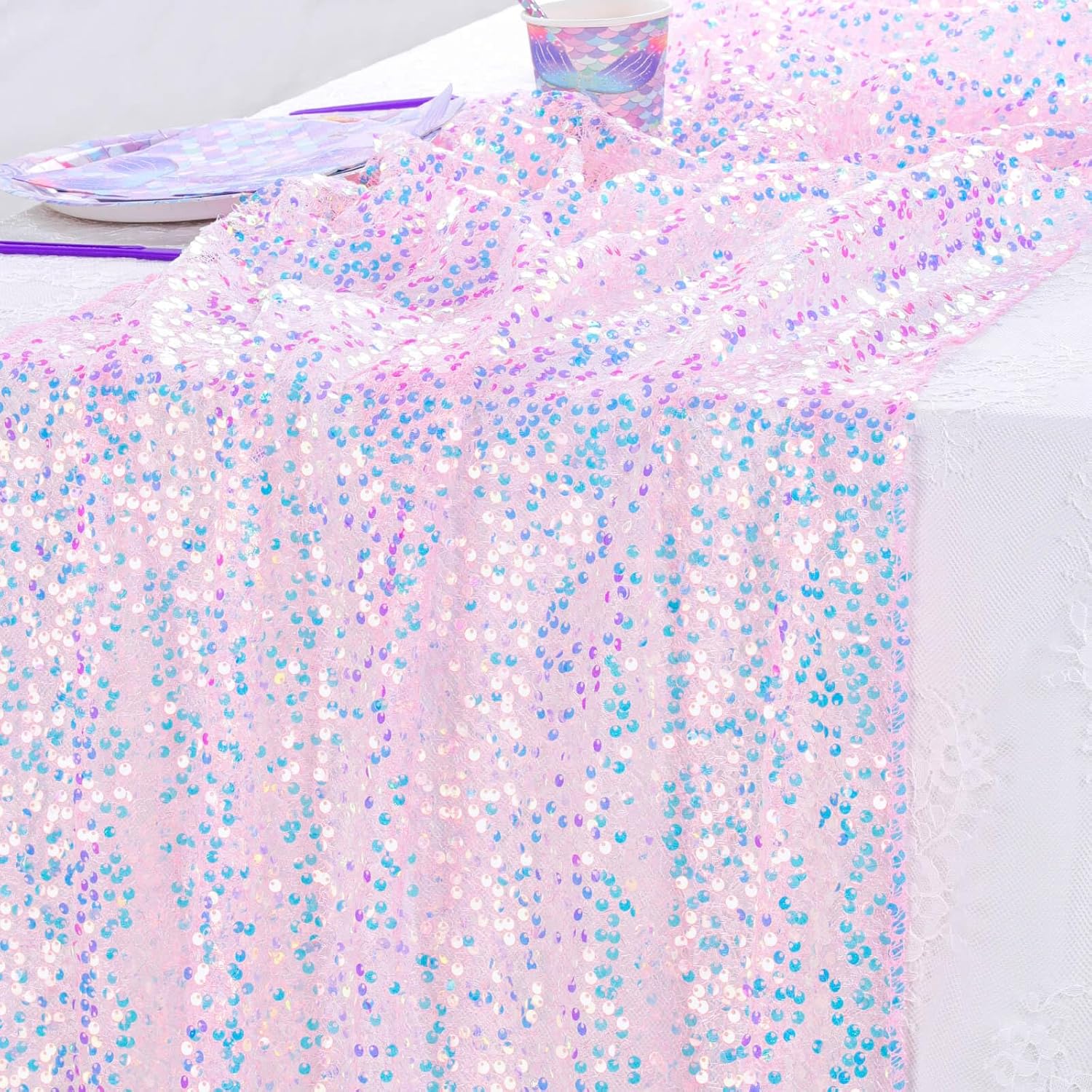4 Pcs Pink Iridescent Sequin T - Table Runner Sequin 评论和价格